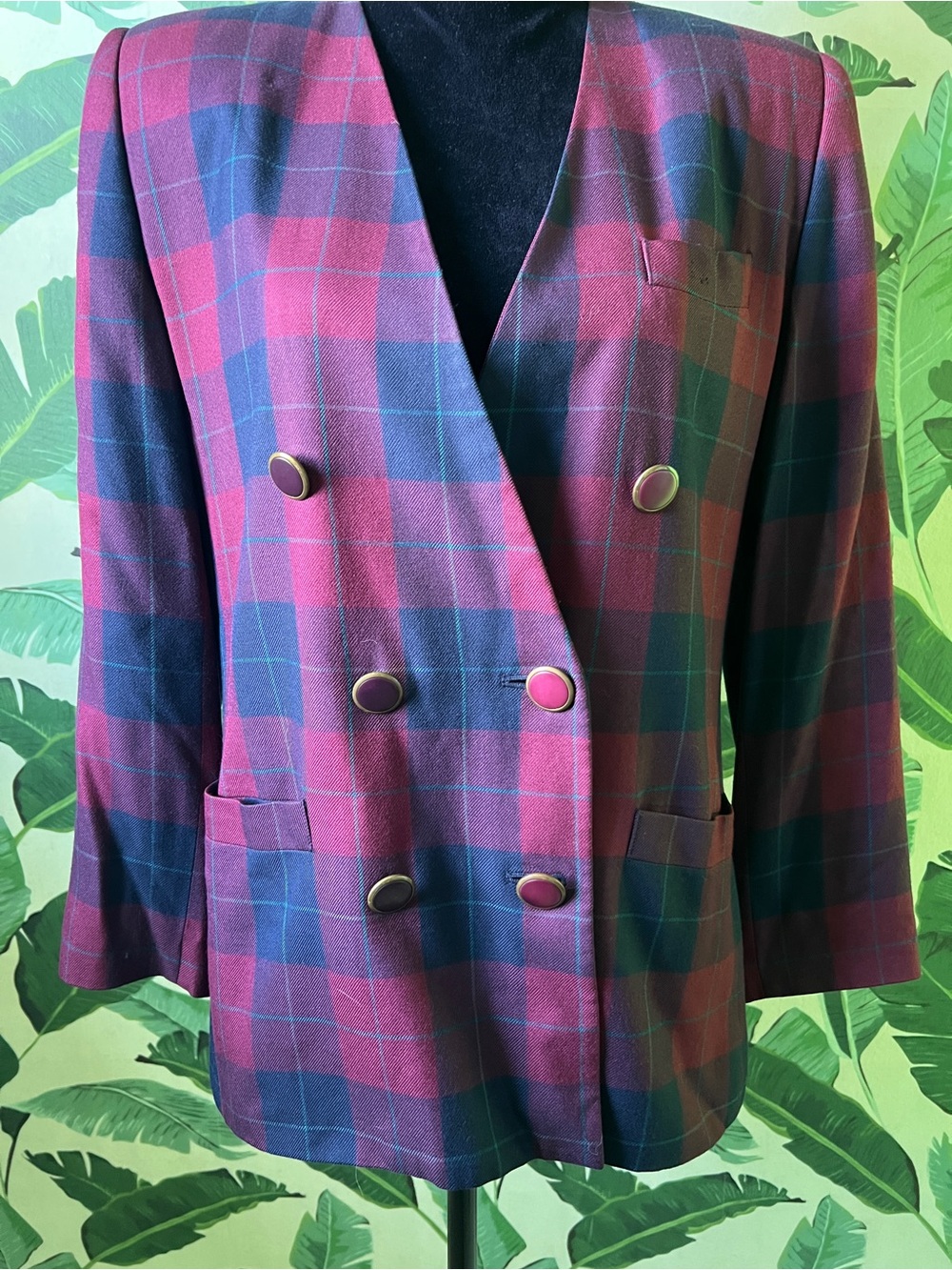 Vintage Worthington Petite Burgundy Navy Blue Plaid Check Preppy Blazer 10 - Picture 2 of 7